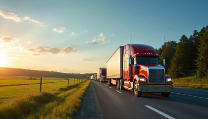 Convoy of red transportation trucks travels on country highway during sunset. Clean, white, blue trucks form line on asphalt road through green fields. Business logistics, delivery industry concept.