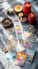Watercolor Tarot Cards and Burning Candles on Textured Fabric