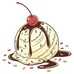 Delicious vanilla ice cream scoop with chocolate syrup and cherry on top with sprinkles