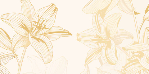 Elegant golden lily floral pattern on a cream background for design projects