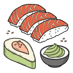 Delicious salmon nigiri sushi avocado and wasabi dip on white background
