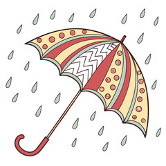 Whimsical patterned umbrella protecting from falling raindrops in a charming illustration
