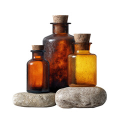 Three amber glass bottles with stoppers on stone, isolated on transparent background