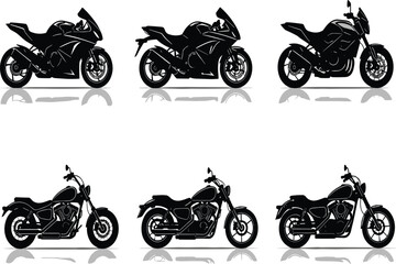 Obraz premium Motorcycle silhouettes collection, sport bikes, cruiser motorcycles, black graphic icons, vector illustration, automotive design, biker transport, vehicle outlines, stock art
