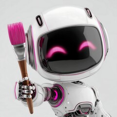 3D female robot with glossy white and black body, pink eyes, smiling, holding pink paintbrush, sleek design, metallic reflections, cute and friendly, vibrant digital art style, white background