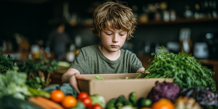 Young boy organizing fresh vegetables in a cardboard box at home