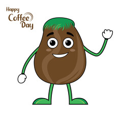 Coffee bean cartoon character for happy coffee day 1st october design