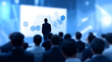 Dynamic business presentation: Confident entrepreneur presenting captivating slide to attentive investors in modern conference room. Background includes charts, graphs, and product visuals
