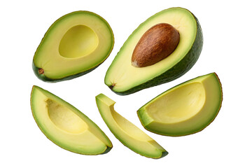 Fresh avocado halves and slices arranged on a clean black background for a vibrant food display