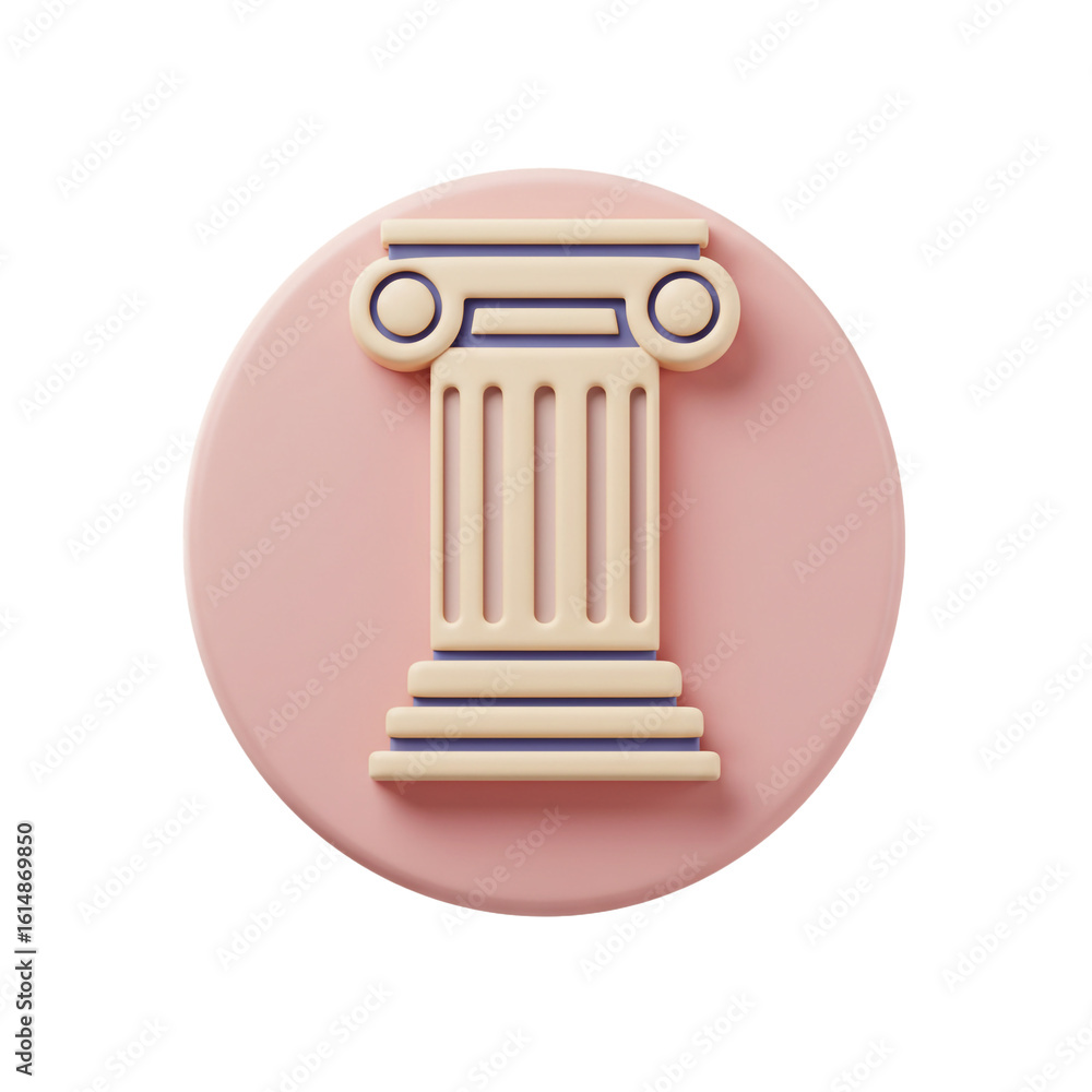 Poster a stylized illustration presents a classical column design within a soft circular frame evoking hist