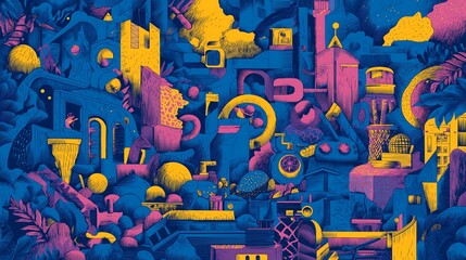 Vector illustration in blue, yellow, and pink with metallurgy production details