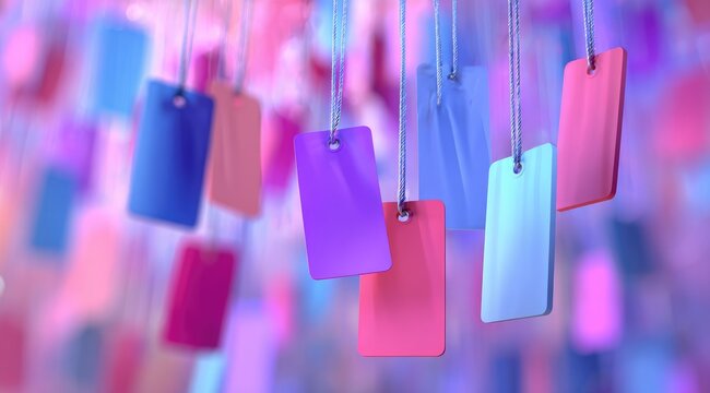 Colorful rectangular tags hang from strings against a blurred background (3)