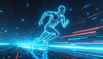 Futuristic glowing blue athlete runs on digital track in sci fi arena. Neon streaks of light, particles create dynamic motion. Represents advanced sports technology, virtual fitness, energetic