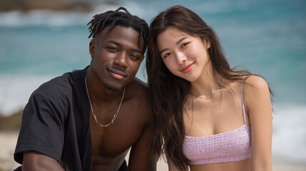 A handsome black guy and beautiful asain woman , sea beach background.
