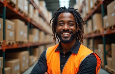 Smiling warehouse worker wears orange vest amidst shelves stacked with boxes. Represents logistics, freight forwarding, and the shipping industry. Pro, friendly worker in busy distribution center.