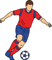 A stylized illustration of a male soccer player in a red and blue uniform, dribbling a soccer ball with his right foot.