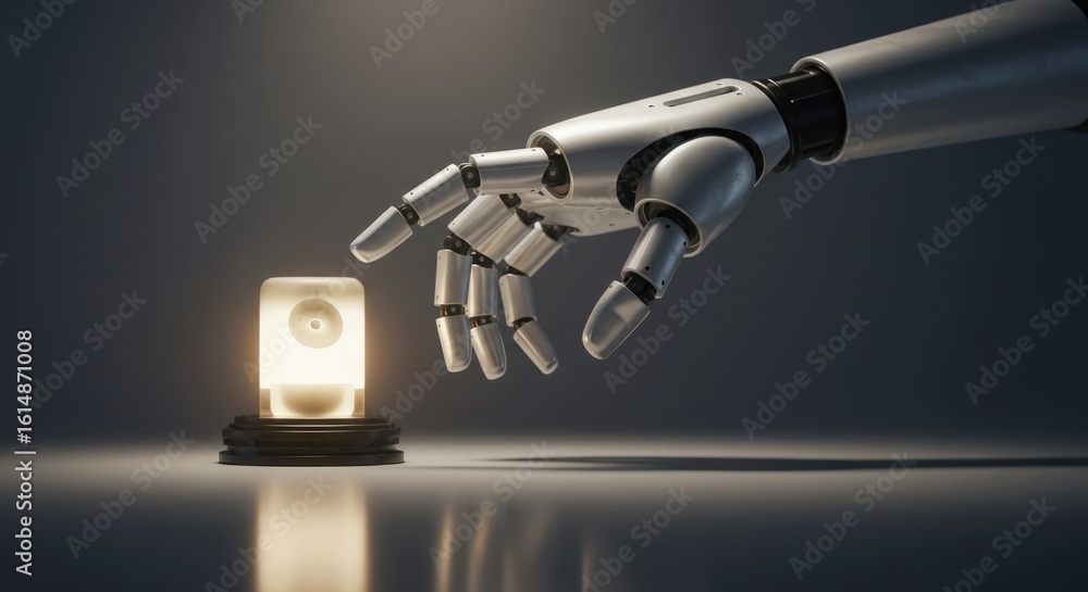 Poster robotic hand about to activate illuminated button futuristic technology concept