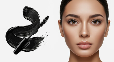 Makeup application showcasing mascara with model's flawless skin in studio setting