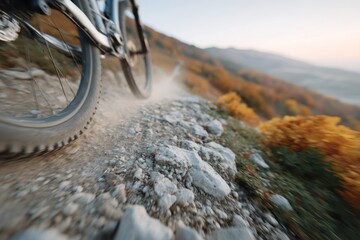Bike is riding on a dirt road with a mountain in the background
