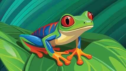 Obraz premium Vibrant red eyed tree frog perched on lush green leaves