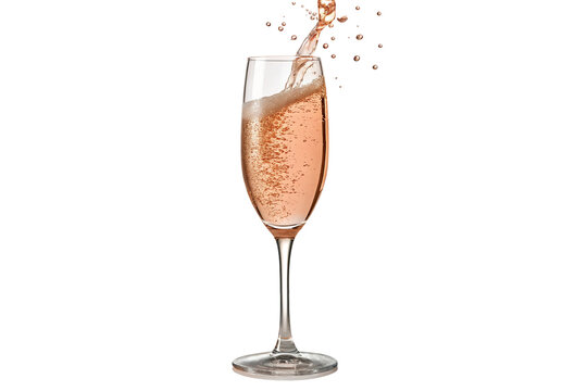 Pouring pink champagne into flute with bubbles and splash on black background celebrating event