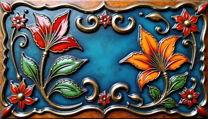 Hand-crafted enamel work background with vivid colors and traditional motifs