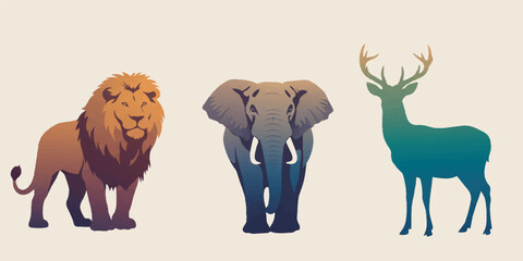 Obraz premium Stylized vector illustration of wild animals including lion, elephant, deer, and more, designed in silhouette form with clean lines and natural color gradients