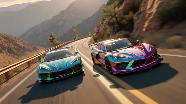 Two colorful sports cars racing on a winding mountain road at sunset footage. Highlighting speed, competition, and the thrill of performance driving.