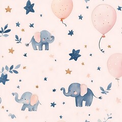 Baby elephants floating with balloons and stars in sky high resolution picture