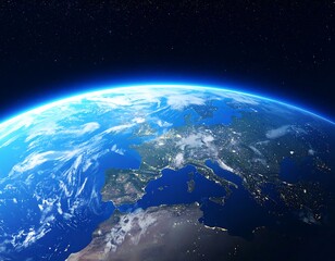Earth's curvature, Europe, and surrounding areas visible from space, showing clouds and city lights at night