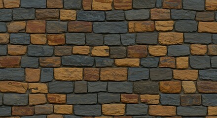 Fototapeta premium Rustic stone wall texture with brown and grey rectangular blocks for background design.
