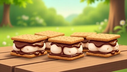 Close-up cartoon vector illustration of a collection of smores desserts.