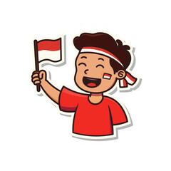 Illustration of a cute boy carrying the Indonesian flag to commemorate Indonesian Independence Day, suitable for stickers
