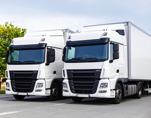 Two white semi-trucks parked on asphalt