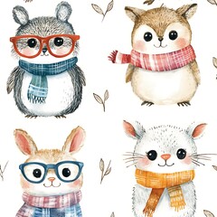 Fototapeta premium Cartoon forest animals dressed in winter scarves and glasses high resolution picture