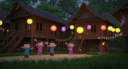 Malaysian Children Celebrate Festive Night in Traditional Houses with Lanterns