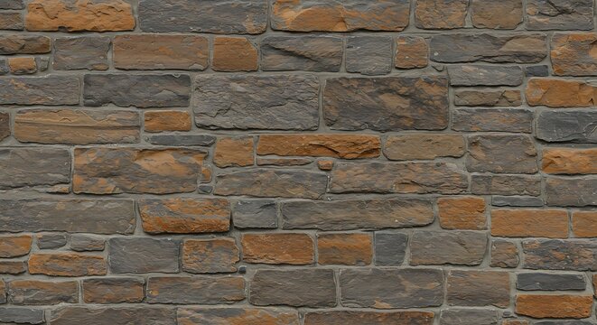 Natural stone wall texture with gray and brown rectangular rocks for background design.