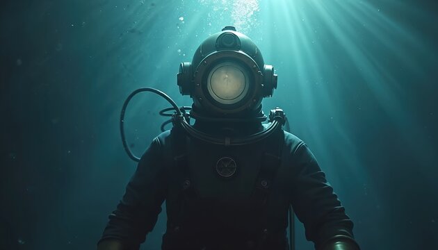 Vintage deep sea diver in classic diving suit descends into dark ocean abyss. Sunbeams pierce murky water, illuminating mysterious underwater world. Solitary figure explores deep sea pressure hazards.