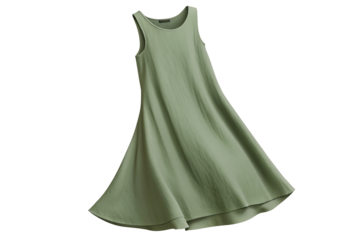 Sage green sleeveless A-line dress floating gracefully against plain dark backdrop display