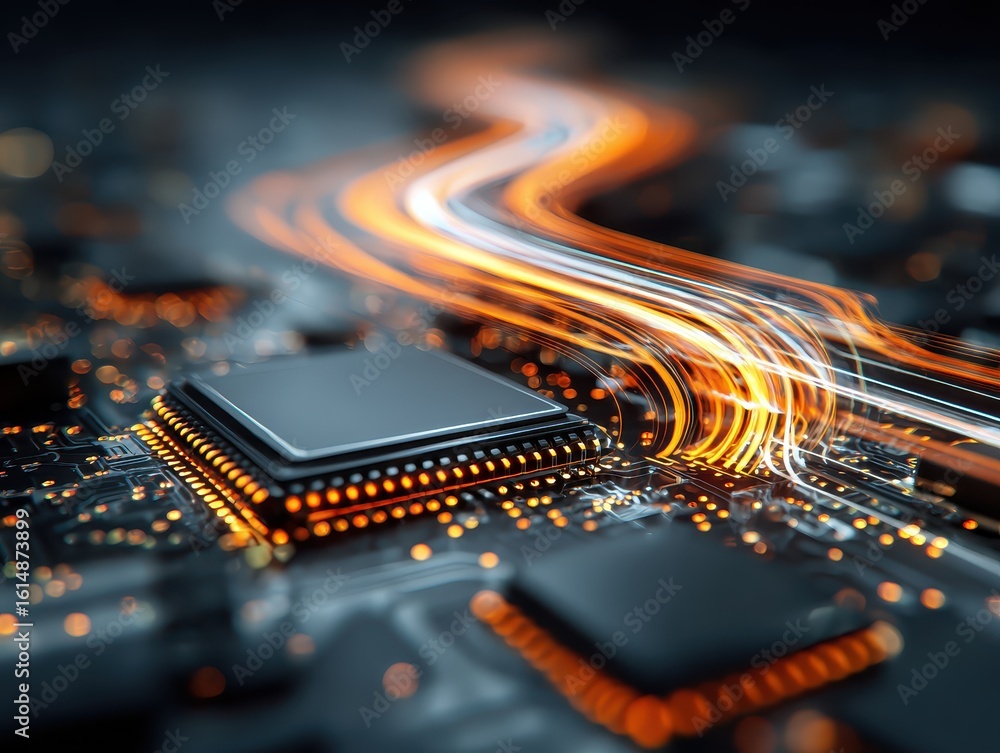 Poster close-up of a circuit board with glowing, energetic lines flowing over components