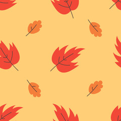Falling Orange Leaves Seamless Pattern. Hand drawn Autumn background with red foliage in flat style. Seasonal decorative repeat vector illustration
