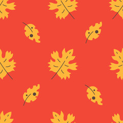 Yellow Foliage Seamless Pattern. Orange Fall Leaves on red Background. Autumn Decorative ornament. Repeat vector illustraion in hand drawn flat style