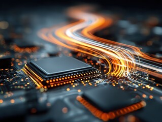 Close-up of a circuit board with glowing, energetic lines flowing over components