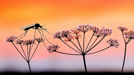 Silhouette of mosquito on umbel flowers at vibrant sunset