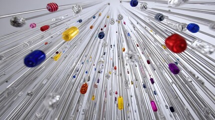 Colorful Glass Beads Suspended on Thin Rods with Sparkling Reflections in a Creative Artwork Composition