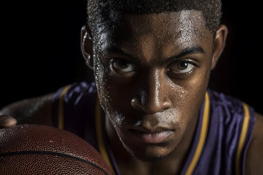 Focus basketball player in purple jersey.