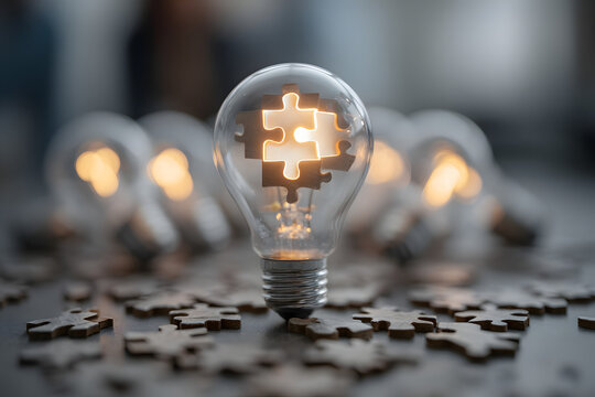 Diverse team collaborating on innovative ideas with puzzle pieces light bulb growth.