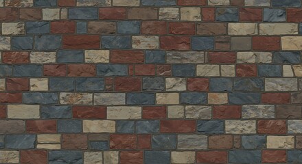 Obraz premium A detailed view of a rustic multi-colored stone wall with red, blue, and cream bricks