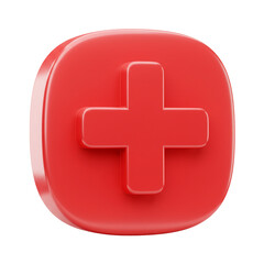 A glossy red plus sign symbol floats with a rounded shape representing addition or positive concepts in a modern design.