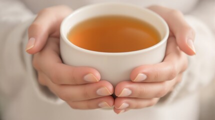 Warm hands cradle a comforting cup of amber tea, offering a moment of pure, serene relaxation and cozy warmth.